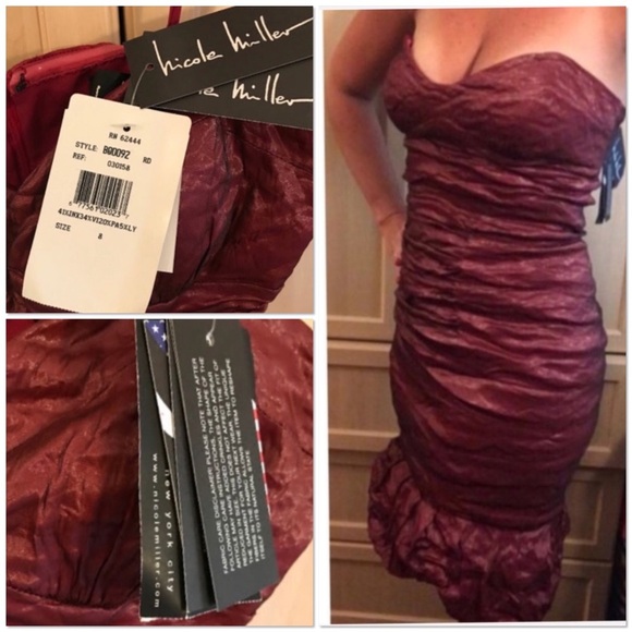 Nicole Miller ruched cranberry red metallic strapless sweetheart neckline dress - Picture 5 of 7